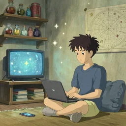 a skinny computer nerd guy sitting on the floor of his room, crossed legs, laptop, smartphone, video games, tv, books, potions, jars, shelves, knick knacks, tranquil, star charts, calm, sparkles in the air, magic aesthetic, fantasy aesthetic, faded effect, by Studio Ghibli