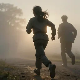 photo of a person runing away from attacker cinematic, foggy, ultra realistic