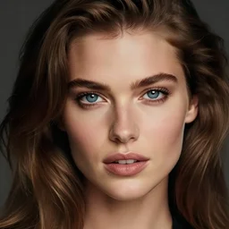 close up portrait of a 90s brunette modele with blue eyes
