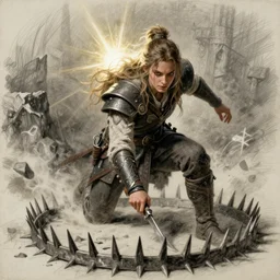 a warrior narrowly avoids a spike trap, loose pencil sketch, comedic, cinematic, dungeons and dragons