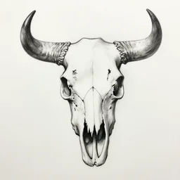 a black pen sketch of a cow skull, beginner, intermediate art, anatomy, paper art