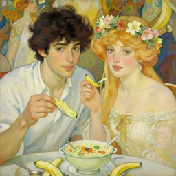 painting of young handsome beautiful dark medium wavy hair man in his 2 0 s named shadow taehyung and gorgeous blonde ozma of oz wearing a floral hair crown together at the cucumber and banana soup party, elegant, clear, painting, stylized, delicate, soft facial features, art, art by alphonse mucha, vincent van gogh, egon schiele
