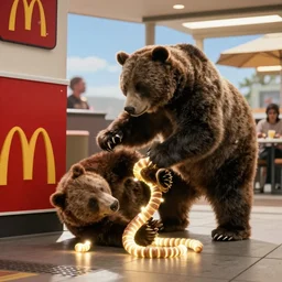 movie scene of bear knock down on the floor in mcdonald's, worm lighting, sunny day, dark knight ( 2 0 0 8 )