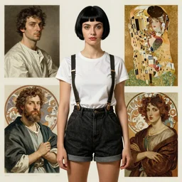 a woman with black hair pixie cut in shorts with suspenders and white t-shirt drawn by caravaggio, Alexandre Cabanel, norman rockwell, peter paul rubens, maler collier, frank frazetta, alphonse mucha, gustav klimt 4k, unreal 5, DAZ, french noveau, octane render, hyperrealistic