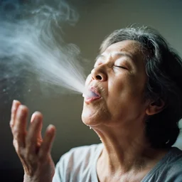 analog photographic portrait with 5 0 mm lens and f / 1 2. 0 of a 7 5 years old woman woman with her eyes closed and spurting from her mouth a white viscous fluid floating in the air. with a slight variation of light in the liquid and gesture.