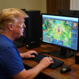 photo of donald trump playing age of empires on his gaming pc, realistic