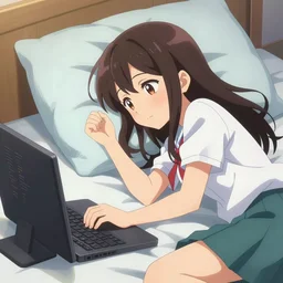 doki doki monika as a female girl age regress on a bed trying to code but failing