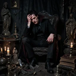 night portrait of a neurotic british man ( ( vampire ) ) ) feeling confidant in a cluttered dark room full of ancient artifacts dark dusty statues runes books magical arcane instruments candlesticks ritual stone knife drapery atmospheric hdr f / 1. 4