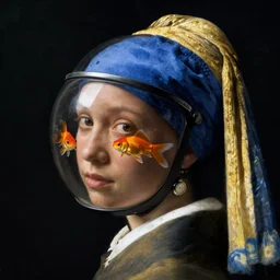 a woman's face in profile, wearing a glass helmet with goldfish, in the style of the dutch masters and gregory crewdson, dark and moody