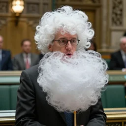 Peter Dutton in parliament with fairy floss for hair, ultrarealistic, 8k, wideshot