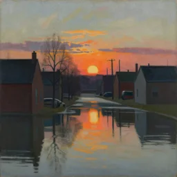 edward hopper painting, a flooded neighbourhood, sunset