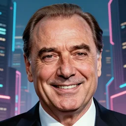 berlusconi, head and shoulder shot, cyberpunk city, city background, 4k, beautiful face, smiling, hyperdetailed, trending on artstation, digital art