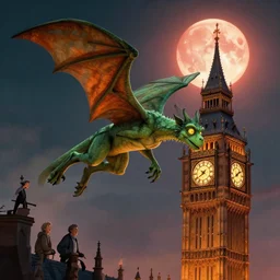 gargoyle in flight, gothic clock tower burns under the blood moon by brian froud, rossdraws, tom bagshaw and jeremy lipkin