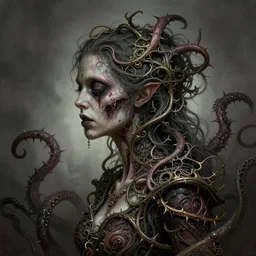centered horrific detailed side view profile portrait of a insane, crazed, mad zombie woman, ornate tentacles growing around, vines and thorns ornamentation, thorns, vines, tentacles, elegant, beautifully soft lit, full frame, by wayne barlowe, peter mohrbacher, kelly mckernan, h r giger