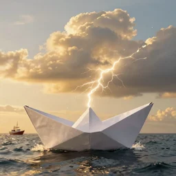 A giant origami paper boat and a ship on a ocean, 4k, digital art, high-resolution, trending on Artstation, dynamic lightning, dramatic, golden hour, puffy cloud
