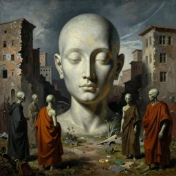 dystopian surreal painting of a single eerie head statue surrounded by uneven buildings and alien monks in robes, artstyle by zdzisław beksinski and caravaggio