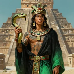 portrait of a beautiful young slim male aztec priest of the snake god, body covered in ritual tatoos, fluent robes, holding a snake, by greg rutkowski and alphonse mucha, d & d character, gradient black to green, in front of a ziggurath, highly detailed portrait, digital painting, artstation, concept art, smooth, sharp focus ilustration, artstation hq