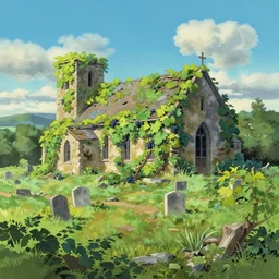 a traditional gouache painting of grapevine bushes, grapevine covered church reclaimed by nature, in the middle of old cemetery destroyed after hurricane, panorama, a matte painting by makoto shinkai, ghibli disney backdrop, deviantart, matte drawing, concept art, matte painting