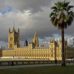 London houses of parliament with palm trees, painted by Turner