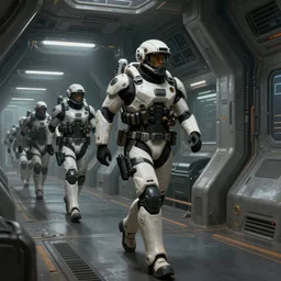 concept art by greg rutkowski, soldiers in white and black futuristic tactical gear, running through the corridors of the ship, claustrophobic and futuristic, brutalistic environment, scifi, detailed and intricate environment, high technology, highly detailed portrait, digital painting, artstation, concept art, smooth, sharp foccus ilustration, artstation hq.