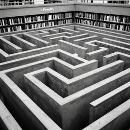 “overlooking the top of a maze inside Powell’s City of Books. Brutalist black and white analog photo. Hyperrealistic, benchmark resolution photo”