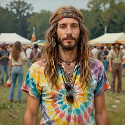 an oil painting of a hippy in tie-dye at woodstock 1969, natural colours, character photography, Exquisite detail, post-processing, masterpiece