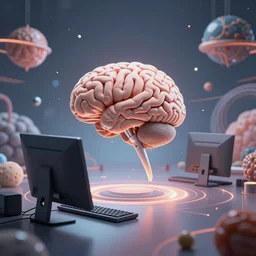 a brain plugged into a desktop computer sitting in the center of the multi dimensional latent space conceptualizing our collectively designed divine imaginations, 4 k surrealism