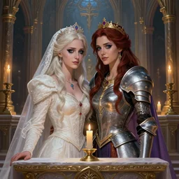 lesbian wedding picture of cryomancer and paladin, in a highly detailed holy temple, altar, candles, beautiful memories, high fantasy, colorful, highly detailed faces, high details, ornamental, exquisite, sharp focus, chiaroscuro, digital painting, by rossdraws