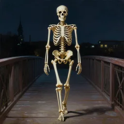 hyper realistic painting of human skeleton walking on a bridge at night