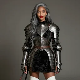 portrait of a warrior girl, mulatto, crossbreed, very beautiful face, pleasant facial features, red lips, long gray hair, black closed velvet dress, leather armor, iron armor, white boots, clothes alexander mcqueen very beautiful style, photorealism, bouguereau, edgard maxence