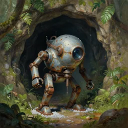 a chrome drillbot visits a slightly rusted cave mouth in the jungle, retrofutistic, matte oil painting, science fantasy, salt, rpg, epic, extremely detailed, sharp focus, 4 k