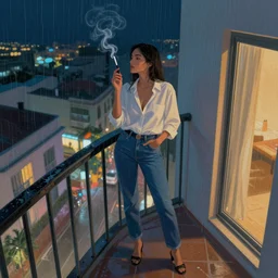a beautiful artwork of a woman in jeans and a white shirt smoking on the balcony of a hotel at night, top view, neon and rainy theme atmosphere by Jerome Opeña, featured on artstation