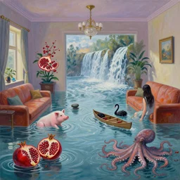 emo artist in her flooded lounge room, painting of flood waters inside an artist's loungeroom, a river flooding indoors, pomegranates, pigs, ikebana, zen, water, octopus, river, rapids, waterfall, black swans, canoe, berries, acrylic on canvas, surrealist, by magritte and monet