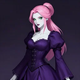 full portrait of beautiful necromancer, gloomy purple dress, corset, face details, pink hair, ponytail, white skin, green eyes, posing, high fantasy, highly detailed, sharp focus, smooth, digital illustration, black outlines