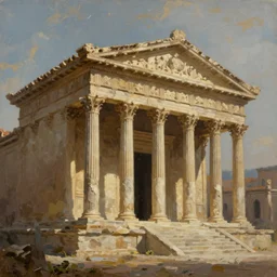 Painting of an ancient middle eastern temple mixed with Roman architecture and mixed with Victorian Gothic, painterly, cinematic lighting, artstation, rendered in octane, painterly, brushstrokes, textured, by Bierstadt!!!, by Jean-Baptiste Monge.