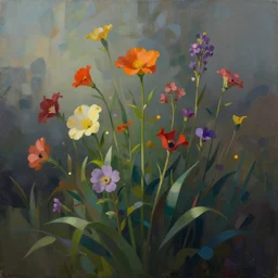 epic wild flowers painting by stanley artgerm, dramatic lighting, ilya kuvshinov, trending on artstation, flat colour, geometric curves, gradient filter