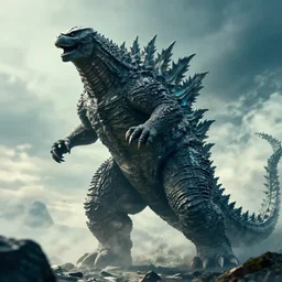 high quality, 8 k, epic lighting, cinematic photograph of godzilla hopping around