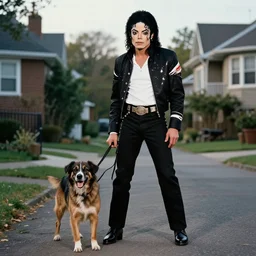 photography of michael jackson standing up in the streets of neighborhood with a dog, dynamic lighting, cinematic, high resolution, high details, hyperrealistic
