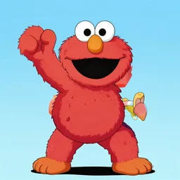 angry buff Elmo turns super Saiyan, sesame street, 90s anime Toriyama style