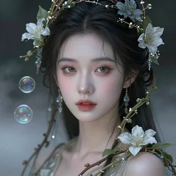 elaborately detailed close up portrait of an extremely beautiful girl surrounded by vines, flowers, an eerie mist and ethereal rainbow bubbles, Aetherpunk, high fantasy matte painting, concept art, smooth, sharp focus, atmospheric lighting, highly detailed illustration highlights, backlight, golden ratio, 8K detail post-processing, award winning picture, sense of awe, featured on DeviantArt and cgsociety, vibrant