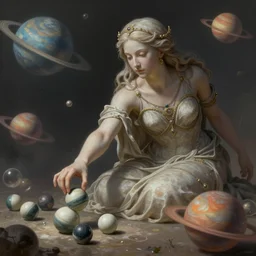 a colossal goddess is playing marbles with the planets, highly detailed, digital painting, artstation, octane render, concept art, matte, sharp focus, illustration