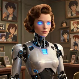 cybertronic led fembot. highly detailed portrait of a shopkeep with a retro hairstyle. screenshot from hbo westworld, norman rockwell, stephen bliss, 8 k, unreal engine, art by greg rutkowski, katsura masakazu, makoto shinkai, satoshi kon, global radiant illumination, detailed and intricate environment