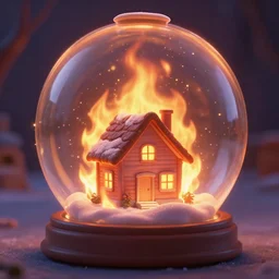 house in flames inside a snow globe, pixar, award winning photo, depth of field, dramatic, burning