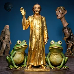 the full body shot of salvador dali as emperor of universe | gold statue of pepe the frog | still frame from the prometheus movie by ridley scott with cinematogrophy of christopher doyle and art direction by hans giger, 8 k