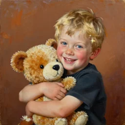 a blonde kid squeeze hugging a plushy toy happily, oil painting by salvador dali