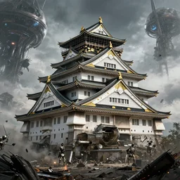 an epic 3 d mattepainting, photobash, massive dieselpunk tokyo castle, alien civilization, futuristic hyper - realist post apocalypse, nuclear war, daylight and interstellar with scifi blockbuster cg vfx concept art riot cinematic bio hazard soviet by zdislaw beksinsk, fvckrender, visualdon, cgsociety unreal engine 5