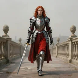 young redhead pale woman in dark and red princess dragon armor, she is holding a sword, walking on an ancient neoclassical bridge. by henriette ronner - knip, by william henry hunt, concept art,