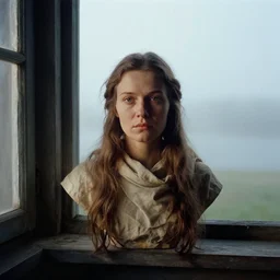 portrait bust of woman, solemn expression, russian cinema, tarkovsky, kodachrome, old cabin, window light, long brown hair, cloth, heavy fog, hudson river school, 4 k, dramatic lighting