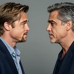 Brad Pitt and George Clooney. They facing each other.   They are two feet apart. Brad on left George on right. Neutral expression. Close up shot, detailed. Professional photography.