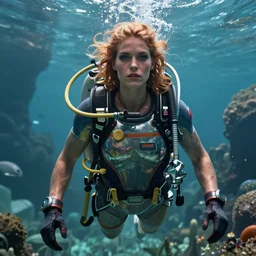 detailed ultrarealistic photography front medium shot of waterworld, postapocalyptic, scifi cyberpunk heroic scuba diver, warrior girl, leyendecker, norman rockwell, greg rutkowski, artstation cinematic, vray game of thrones, lord of the rings
